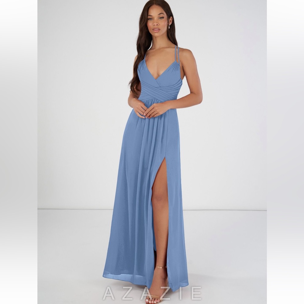 Azazie Dusty Blue V-Neck Chiffon Maxi Dress with Thigh Slit